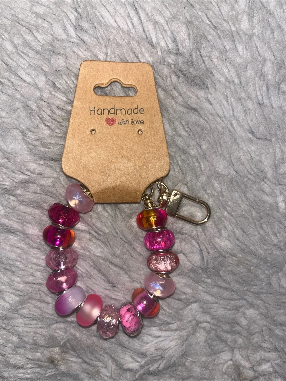 Handmade Pink Beaded Wristlet Keychain Gold Clasp Gift Ready Perfect Gift Idea 1